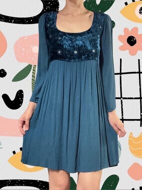 Tree Of Life | Velvet Embroidered Bust Flowy Boho Babydoll Dress